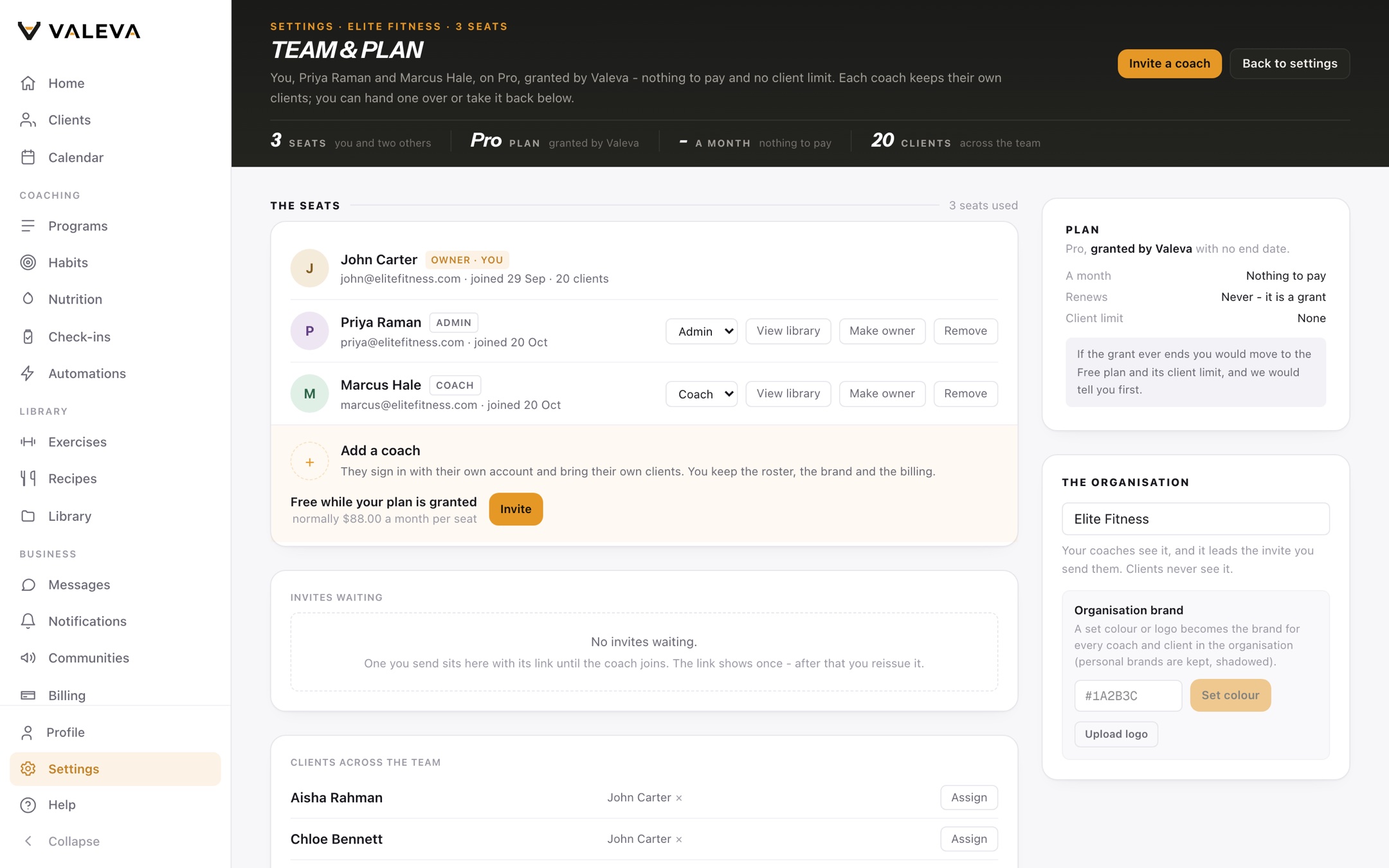 A Valeva organisation's team settings